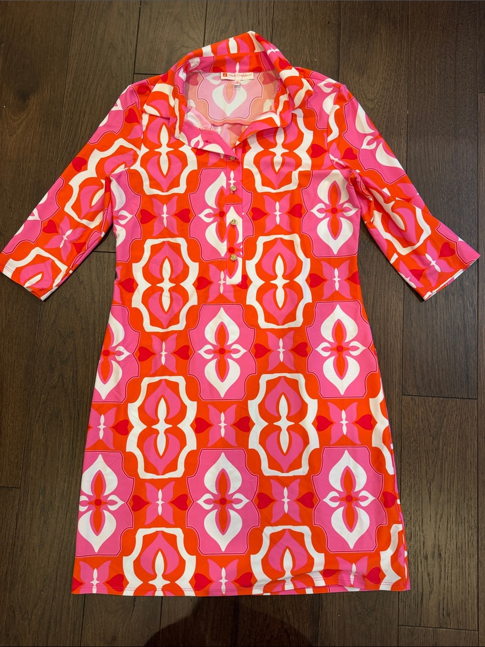 Jude Connally Geometric Print 3/4 Sleeve Dress Size Medium Orange/Pink - C4-093